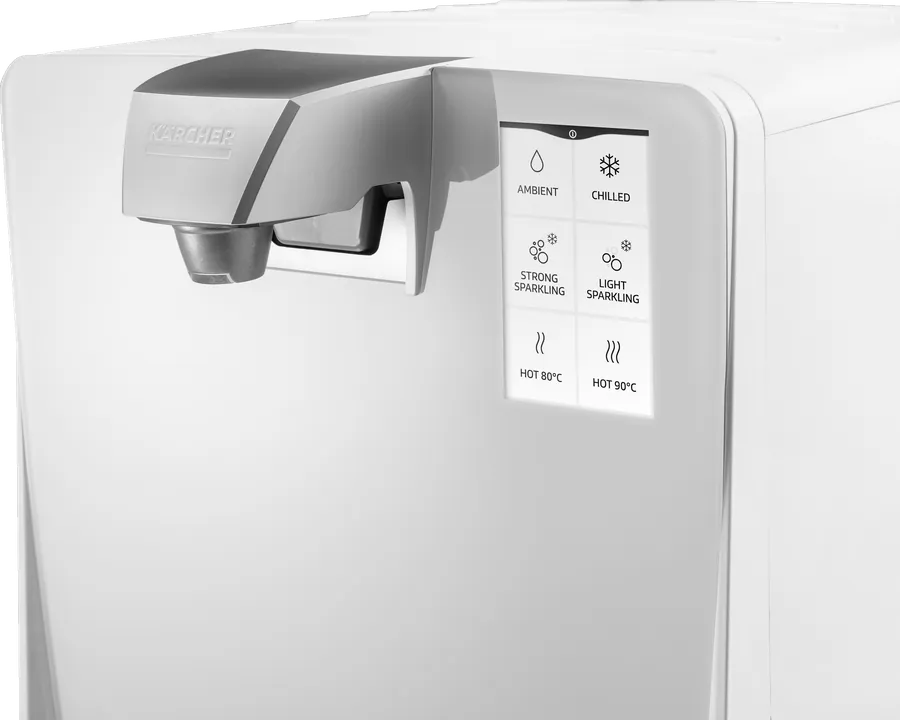 Touchdisplay des Kärcher WPD 70 in weiß mit Tasten für die Wasserarten neben der Wasserausgabe