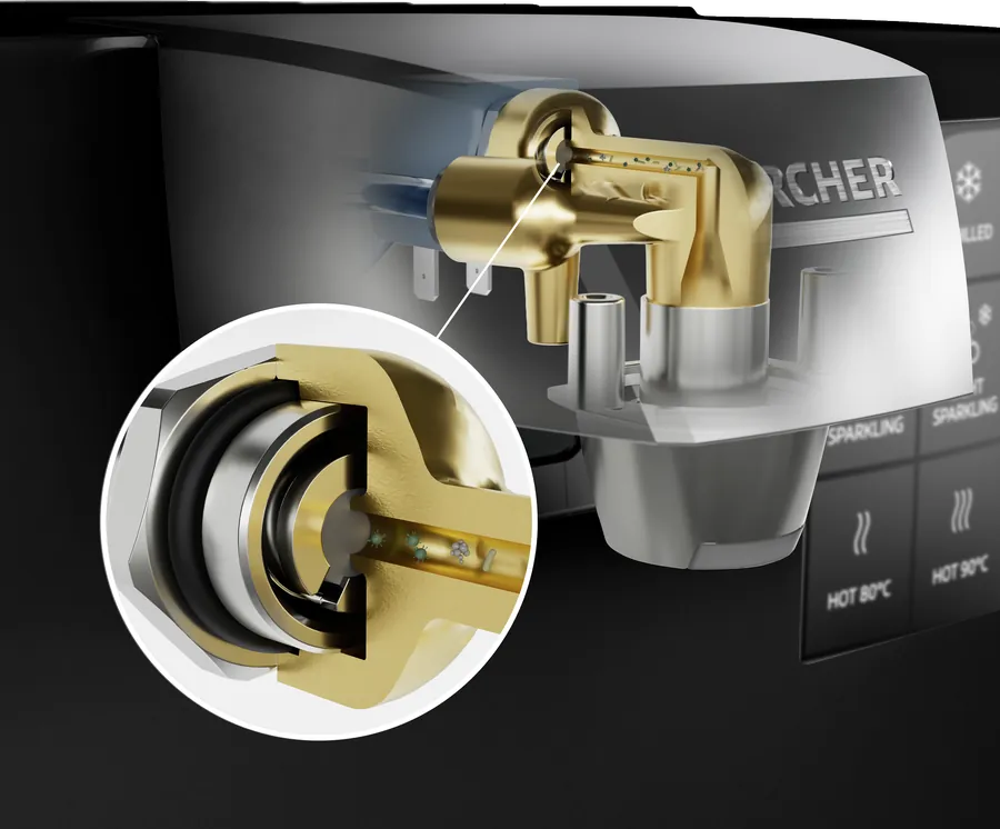 Detailansicht des GermLock-Ventils in der Wasserausgabe des Kärcher WPD 70 in schwarz
