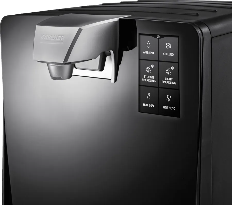 Touchdisplay des Kärcher WPD 70 in schwarz mit Tasten für die Wasserarten neben der Wasserausgabe