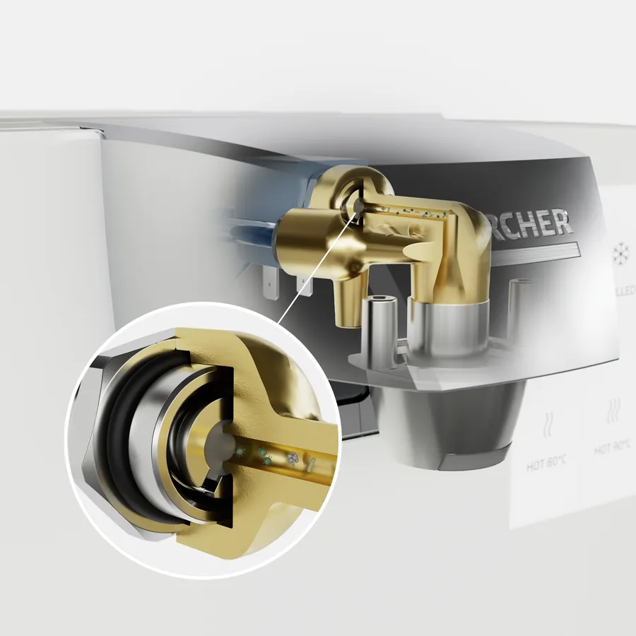 Detailansicht des GermLock-Ventils in der Wasserausgabe des Kärcher WPD 70 in weiß